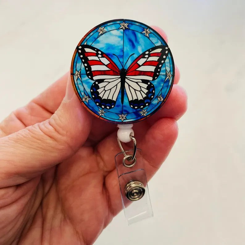 Patriotic Butterfly Badge Reel – Faux Stained Glass Red, White & Blue ID Holder