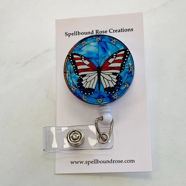 Patriotic Butterfly Badge Reel – Faux Stained Glass Red, White & Blue ID Holder