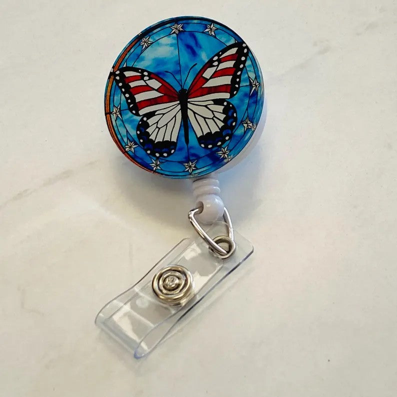 Patriotic Butterfly Badge Reel – Faux Stained Glass Red, White & Blue ID Holder