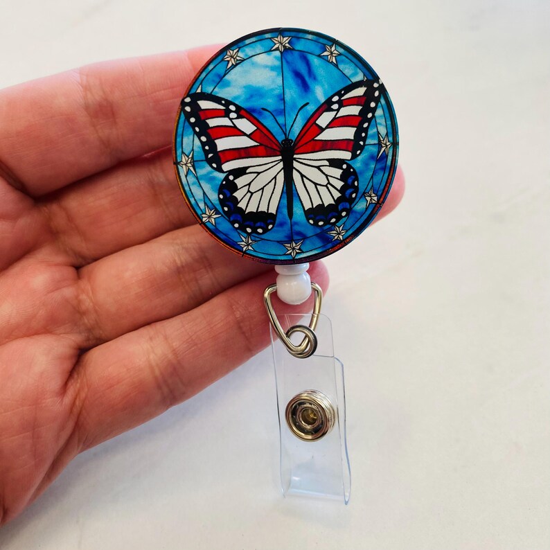 Patriotic Butterfly Badge Reel – Faux Stained Glass Red, White & Blue ID Holder