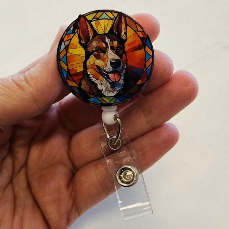 Australian Cattle Dog Badge Reel – Heeler Dog ID Holder - Faux Stained Glass