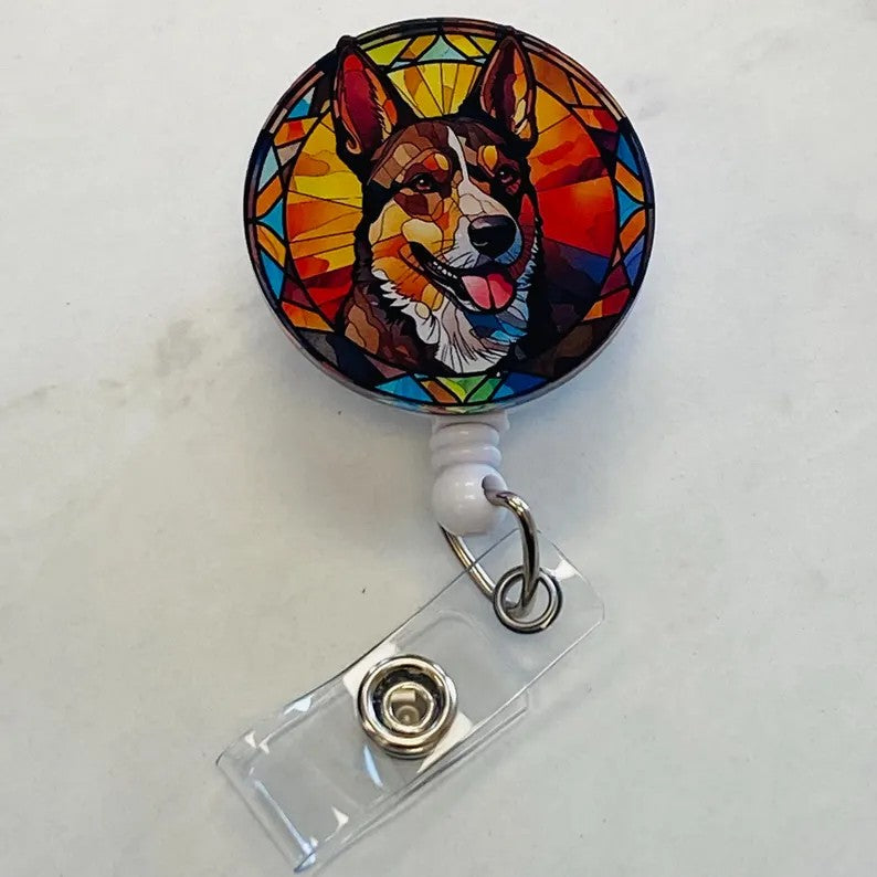 Australian Cattle Dog Badge Reel – Heeler Dog ID Holder - Faux Stained Glass
