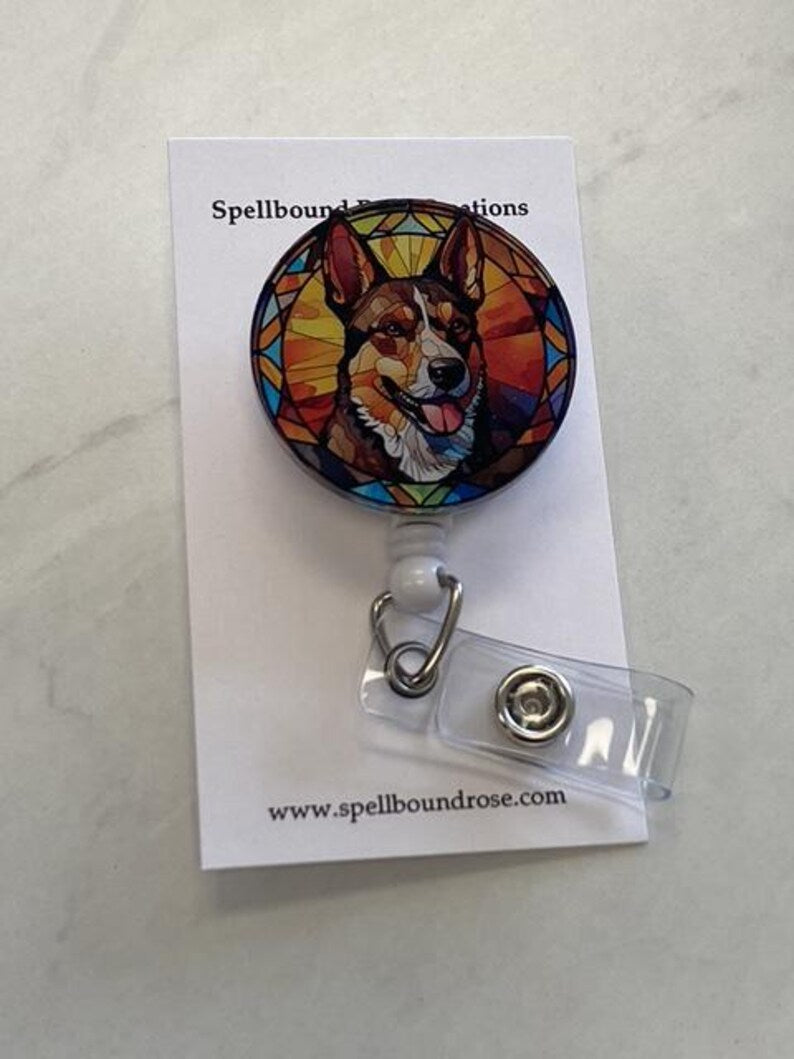 Australian Cattle Dog Badge Reel – Heeler Dog ID Holder - Faux Stained Glass