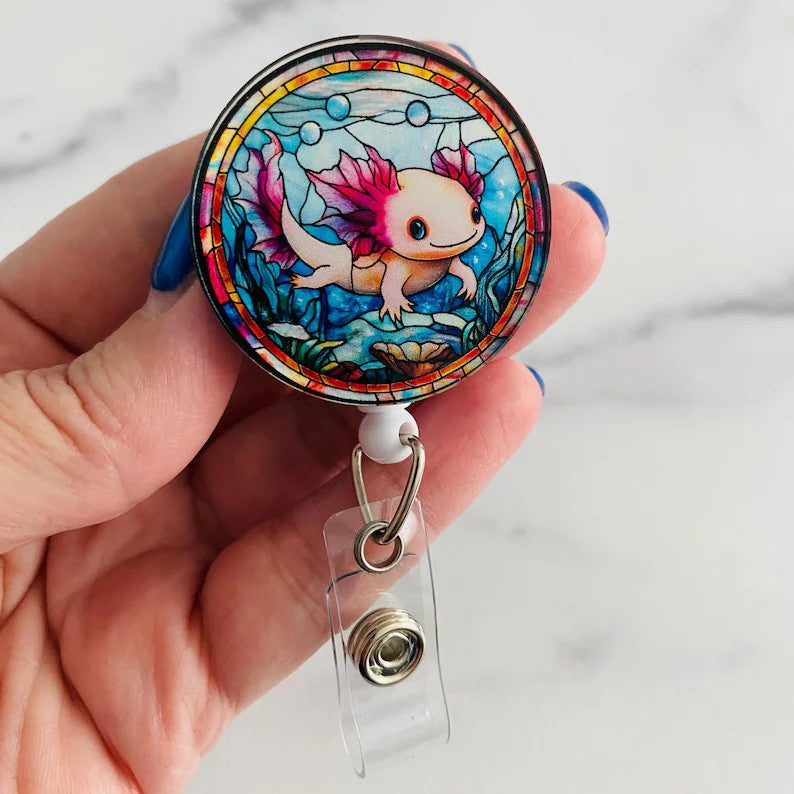 Axolotl Stained Glass Badge Reel – Cute Aquatic ID Holder