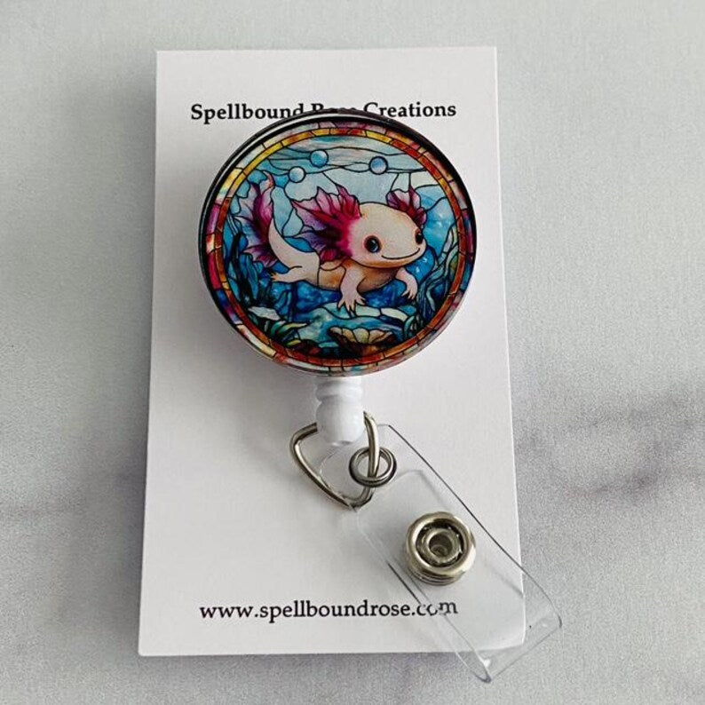 Axolotl Stained Glass Badge Reel – Cute Aquatic ID Holder