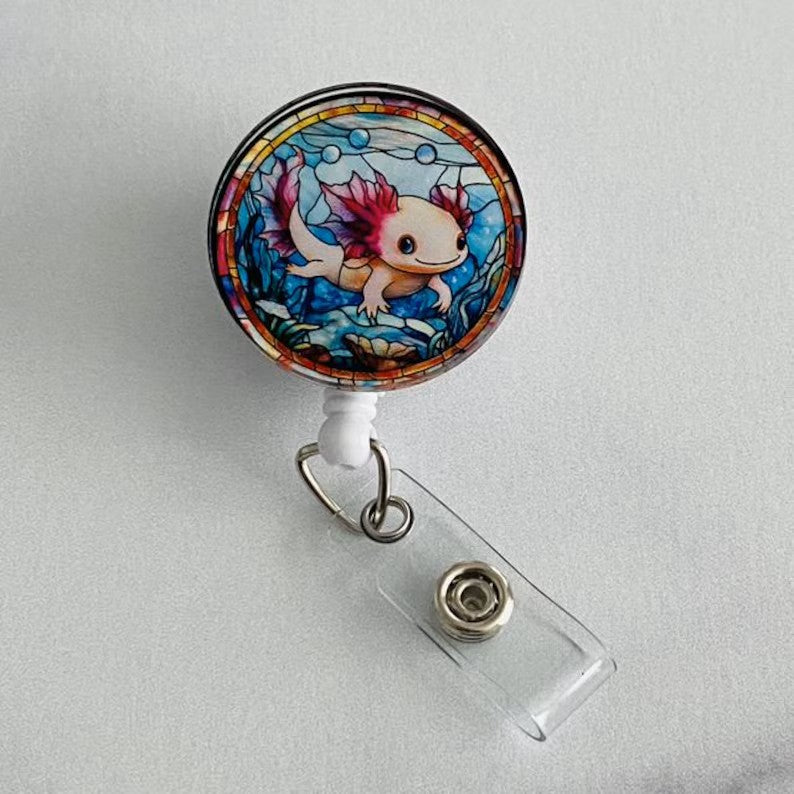 Axolotl Stained Glass Badge Reel – Cute Aquatic ID Holder