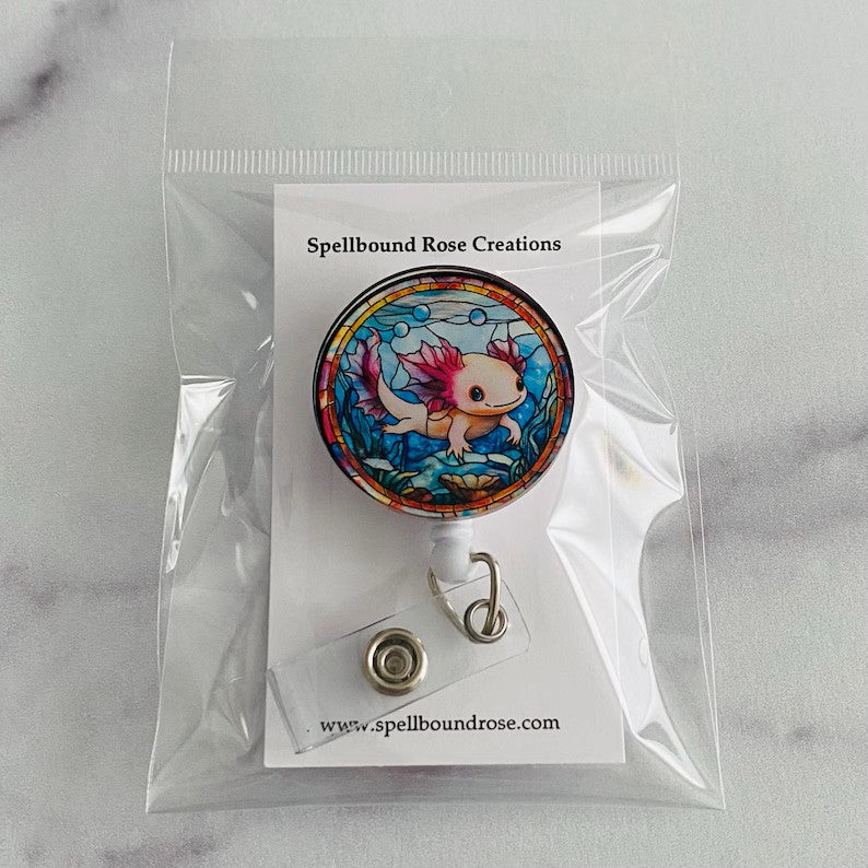 Axolotl Stained Glass Badge Reel – Cute Aquatic ID Holder