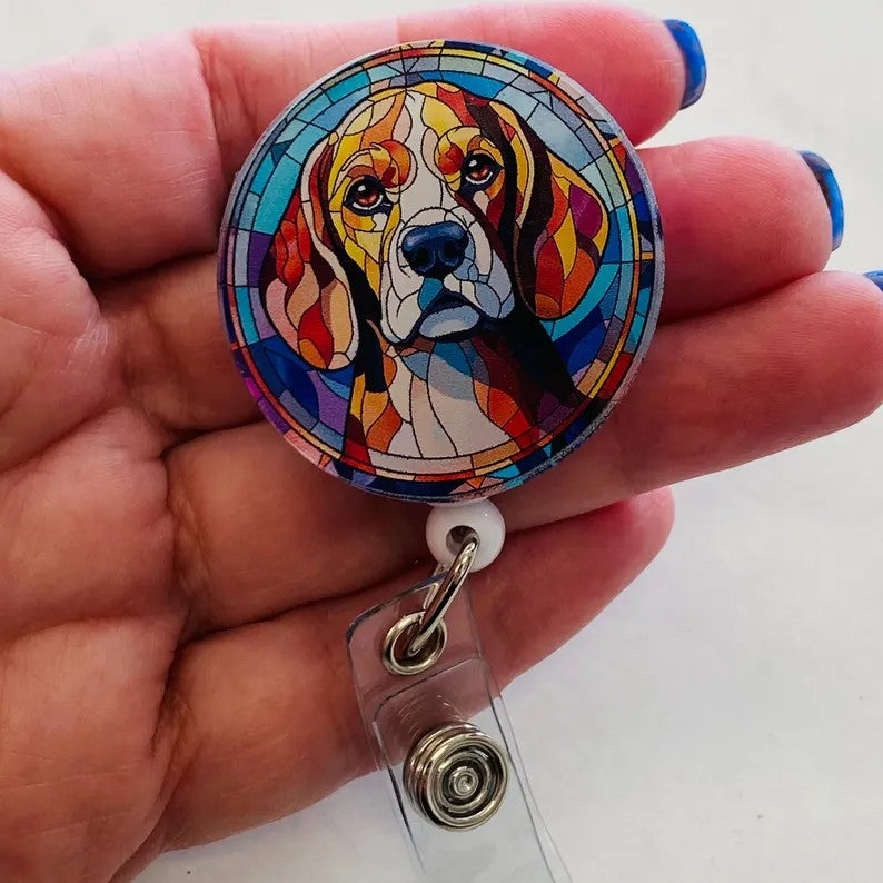 Beagle Faux Stained Glass Badge Reel – Colorful Dog Lover ID Holder