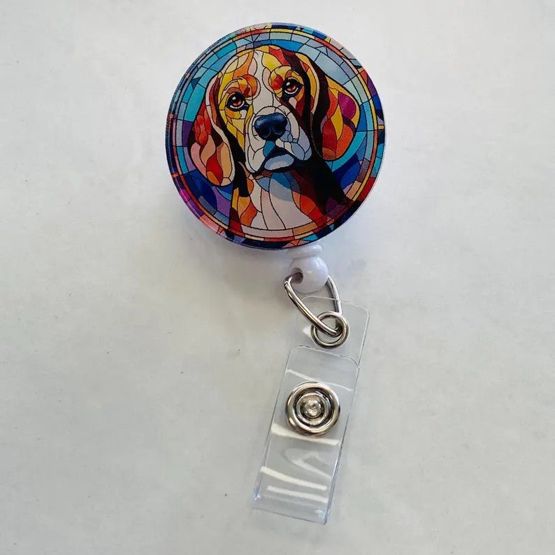 Beagle Faux Stained Glass Badge Reel – Colorful Dog Lover ID Holder