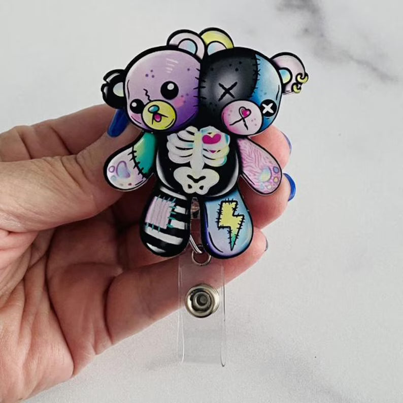 Gothic Patchwork Bear Badge Reel – Creepy Cute Retractable ID Holder