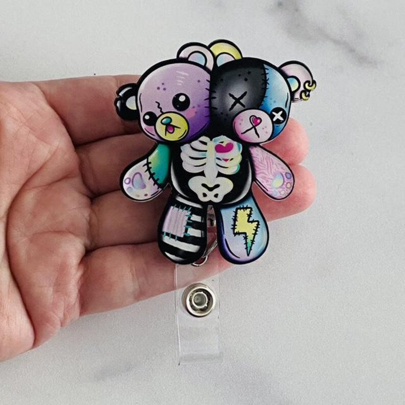 Gothic Patchwork Bear Badge Reel – Creepy Cute Retractable ID Holder