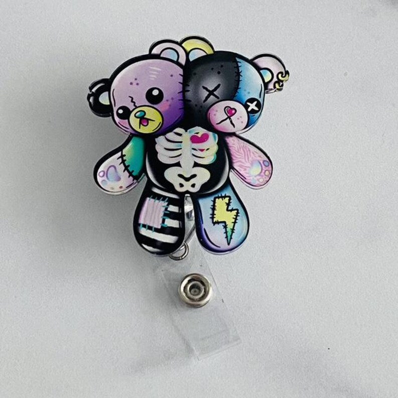Gothic Patchwork Bear Badge Reel – Creepy Cute Retractable ID Holder