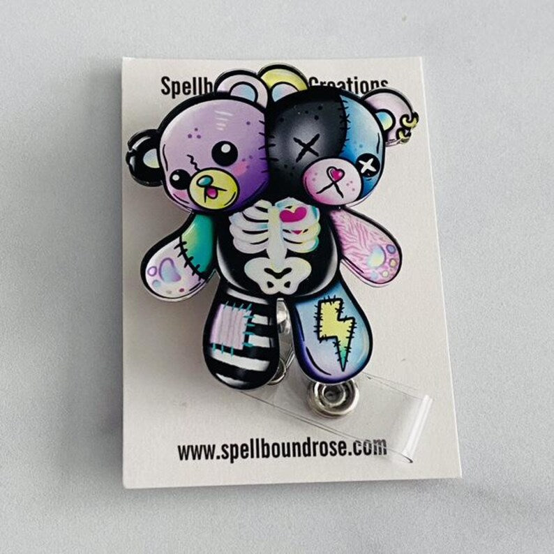 Gothic Patchwork Bear Badge Reel – Creepy Cute Retractable ID Holder