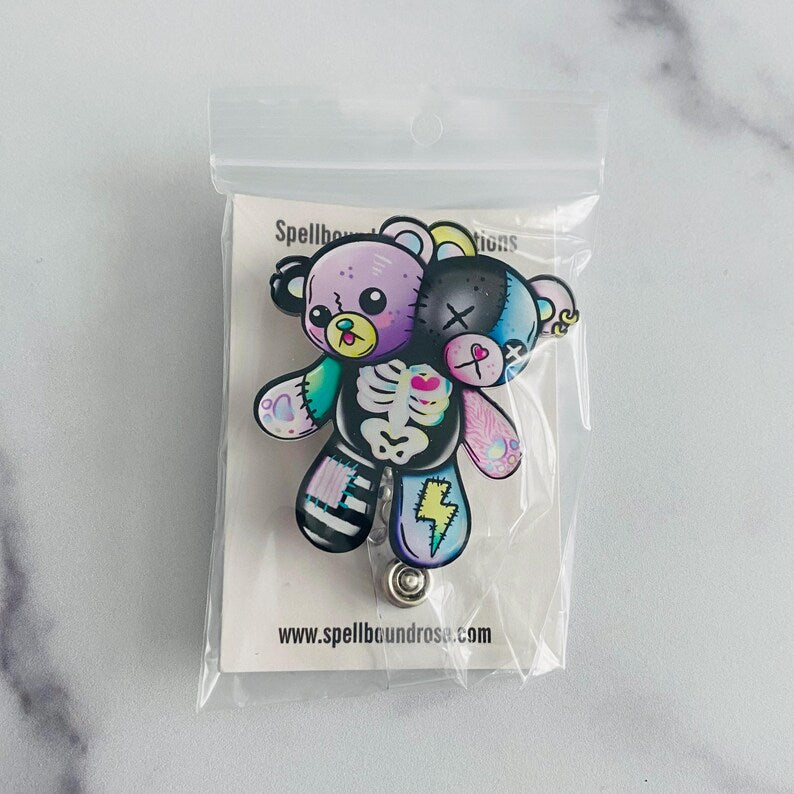 Gothic Patchwork Bear Nurse Badge Reel – Creepy Cute Retractable ID Holder