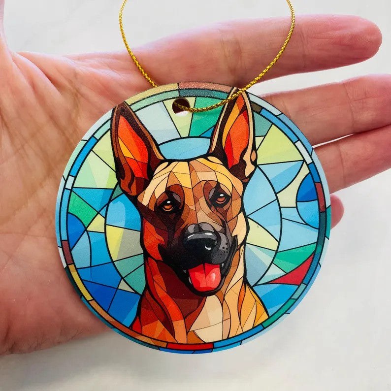 Belgian Malinois Faux Stained Glass Ornament – Vibrant Dog Lover Keepsake