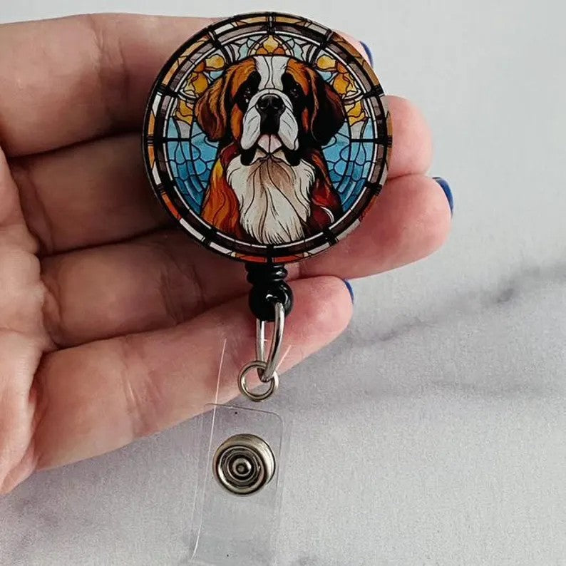 Saint Bernard Stained Glass Badge Reel – Dog Lover ID Holder