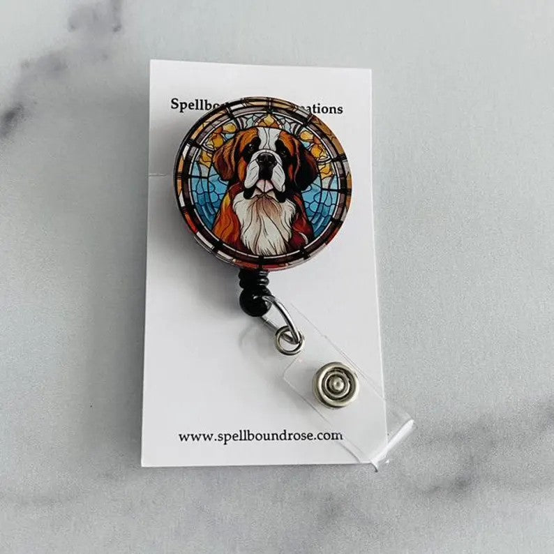 Saint Bernard Stained Glass Badge Reel – Dog Lover ID Holder