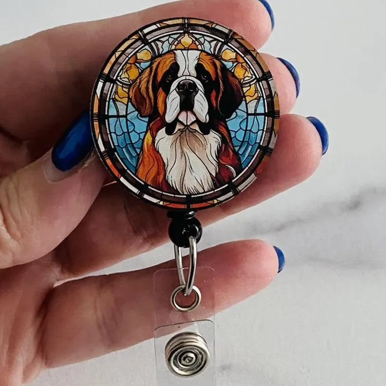 Saint Bernard Stained Glass Badge Reel – Dog Lover ID Holder