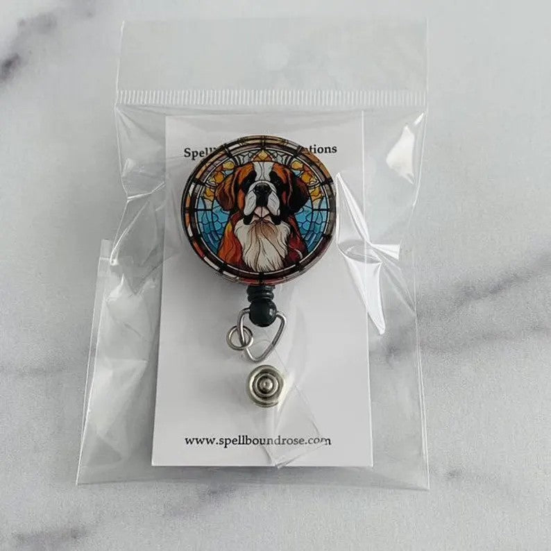 Saint Bernard Stained Glass Badge Reel – Dog Lover ID Holder