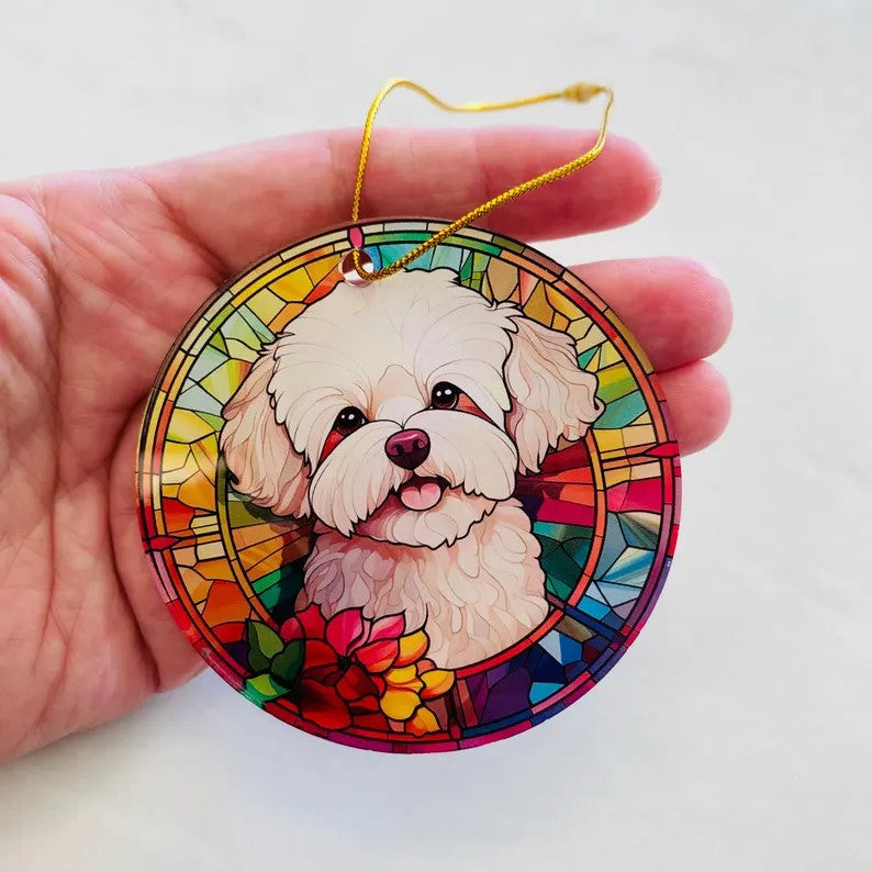 Bichon Frise Faux Stained Glass Ornament – Vibrant Dog Lover Keepsake