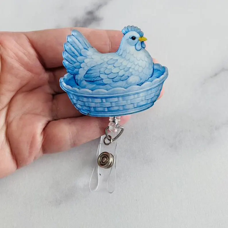 Blue Hen on Nest Badge Reel – Classic Farmhouse Charm ID Holder