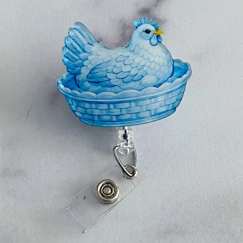Blue Hen on Nest Badge Reel – Classic Farmhouse Charm ID Holder