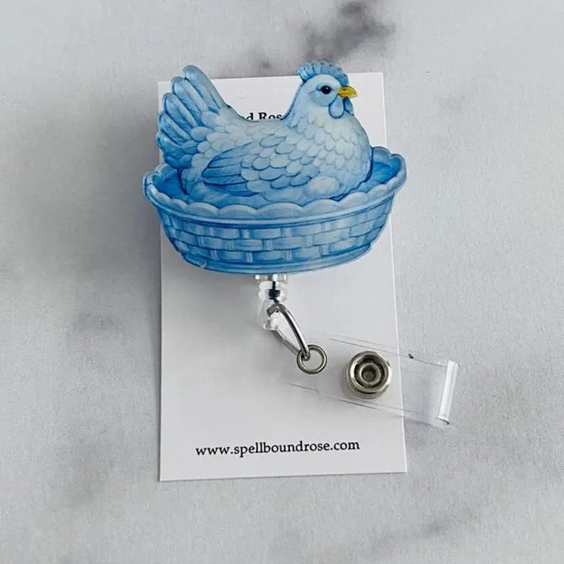 Blue Hen on Nest Badge Reel – Classic Farmhouse Charm ID Holder