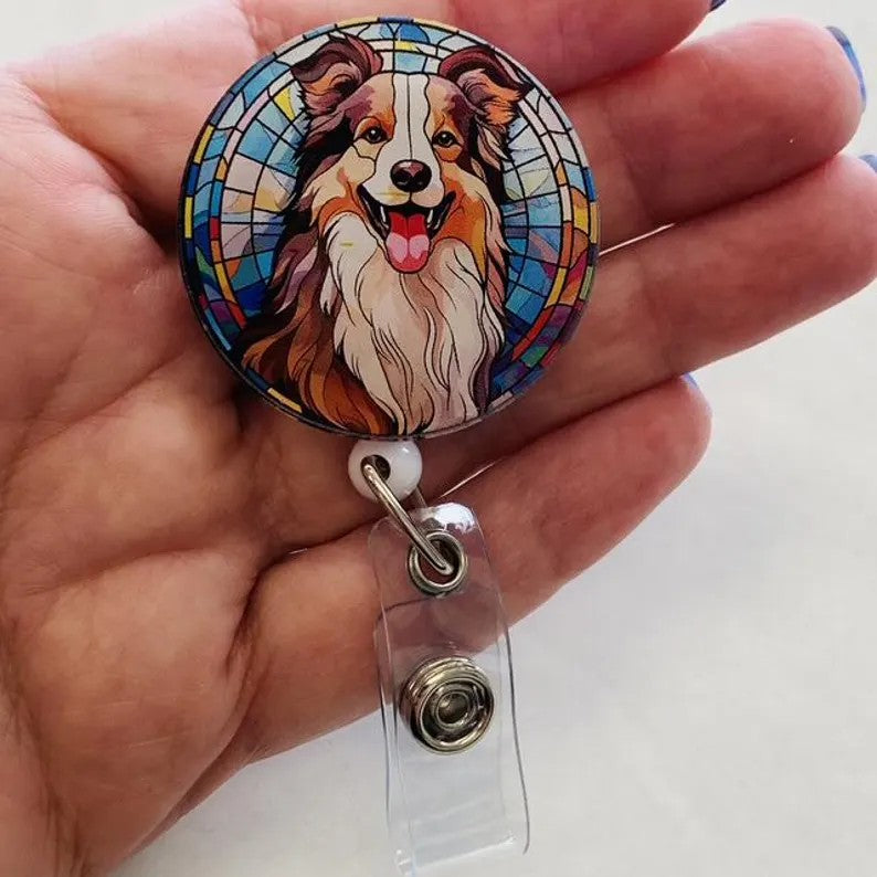Border Collie Faux Stained Glass Badge Reel – Colorful Dog Lover ID Holder