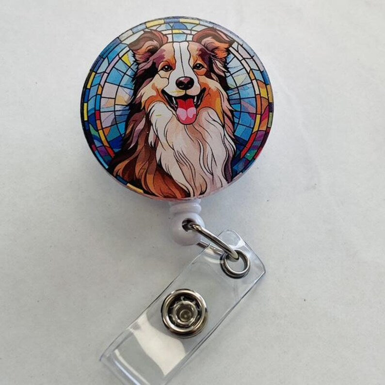 Border Collie Faux Stained Glass Badge Reel – Colorful Dog Lover ID Holder