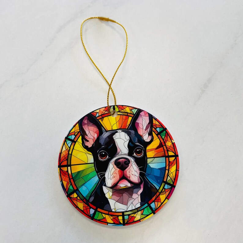 Boston Terrier Faux Stained Glass Ornament – Vibrant Dog Lover Keepsake