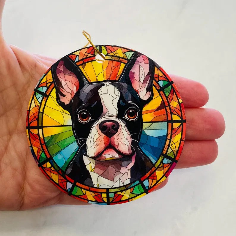 Boston Terrier Faux Stained Glass Ornament – Vibrant Dog Lover Keepsake