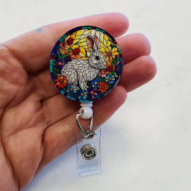 Bunny Faux Stained Glass Badge Reel – Floral Rabbit ID Holder
