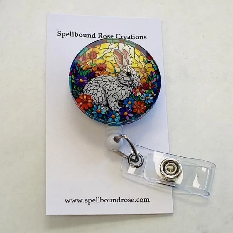 Bunny Faux Stained Glass Badge Reel – Floral Rabbit ID Holder