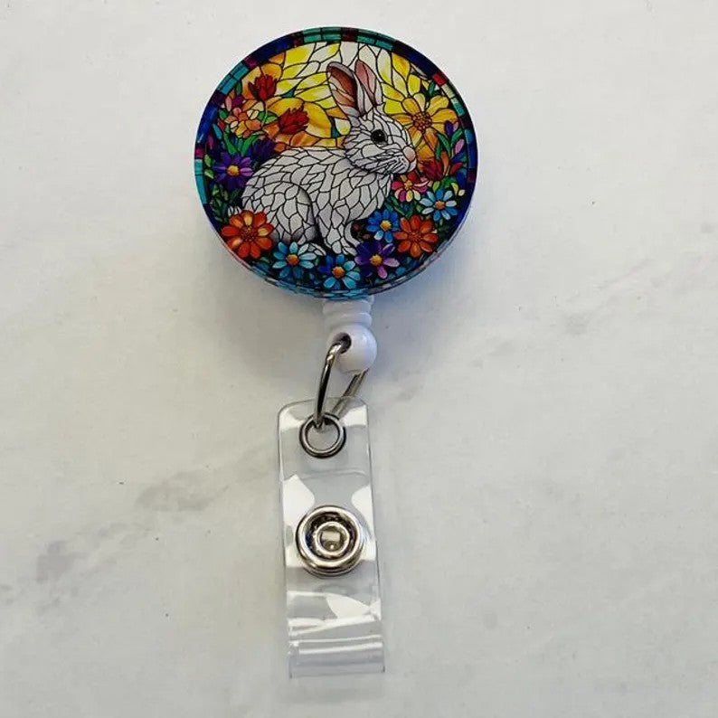 Bunny Faux Stained Glass Badge Reel – Floral Rabbit ID Holder