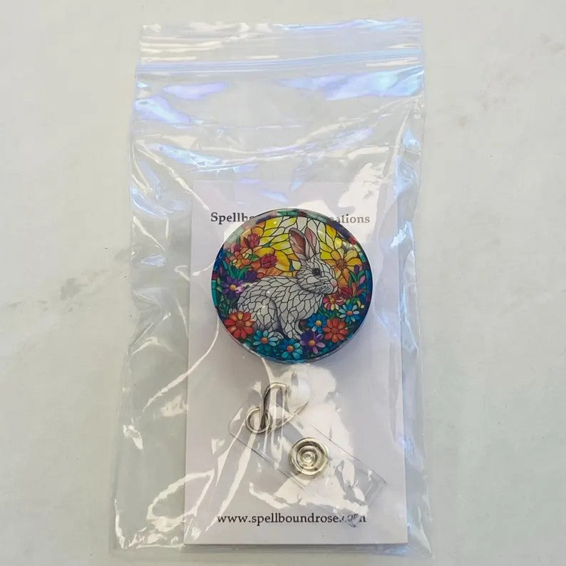 Bunny Faux Stained Glass Badge Reel – Floral Rabbit ID Holder