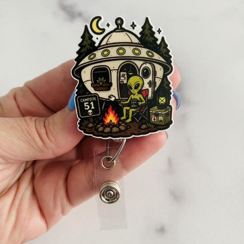 Campsite 51 Alien Camping Nurse Badge Reel – Funny UFO Retractable ID Holder