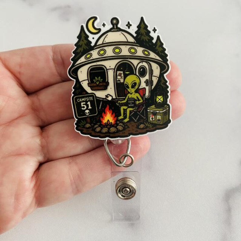 Campsite 51 Alien Camping Nurse Badge Reel – Funny UFO Retractable ID Holder