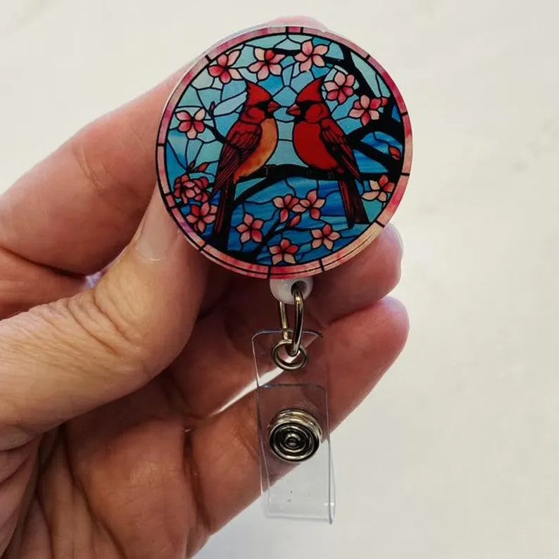 Cardinal Badge Reel –  Faux Stained Glass Bird Lover Floral ID Holder