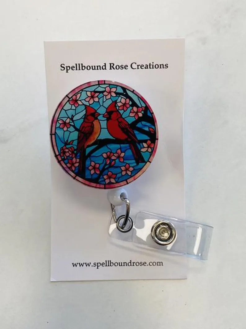 Cardinal Badge Reel –  Faux Stained Glass Bird Lover Floral ID Holder