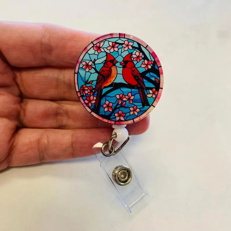 Cardinal Badge Reel –  Faux Stained Glass Bird Lover Floral ID Holder