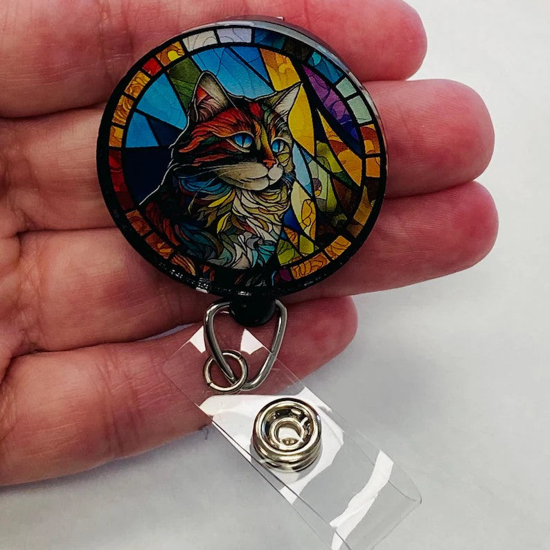 Faux Stained Glass Cat Badge Reel – Colorful Cat Lover ID Holder