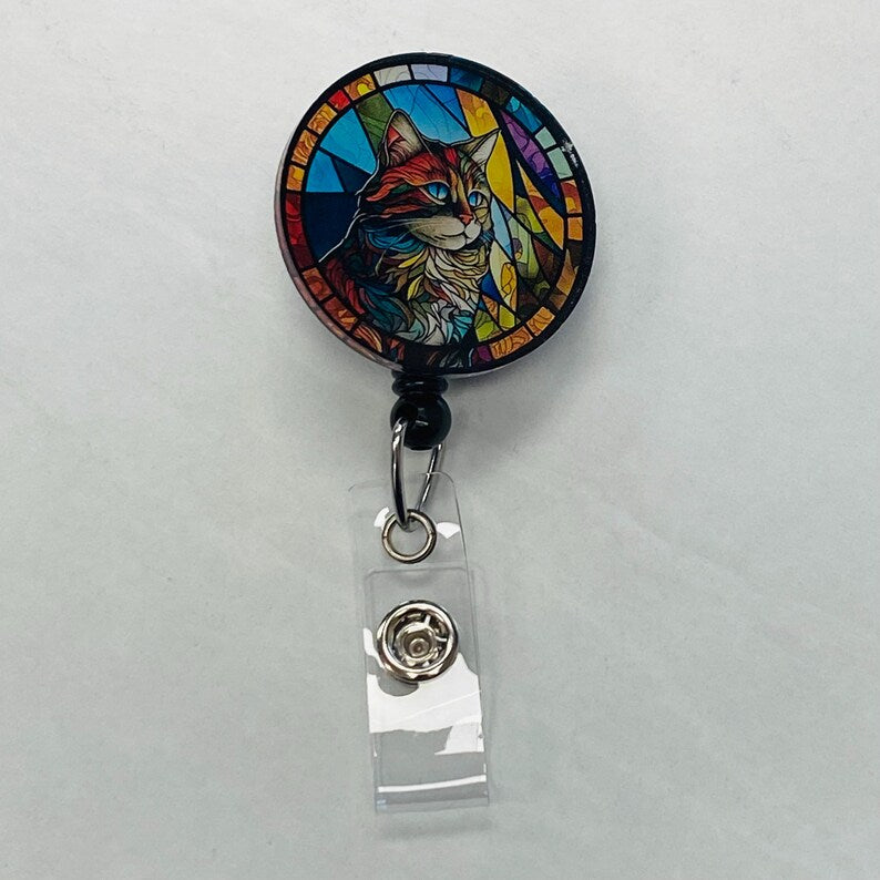 Faux Stained Glass Cat Badge Reel – Colorful Cat Lover ID Holder