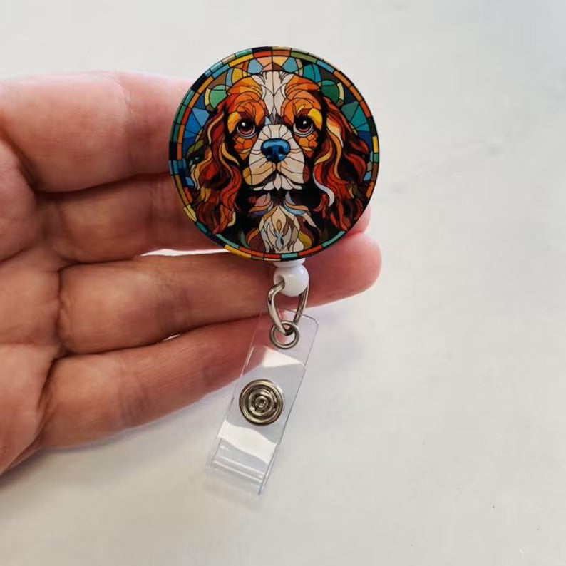 Cavalier King Charles Spaniel Faux Stained Glass Badge Reel – Elegant Dog Lover ID Holder