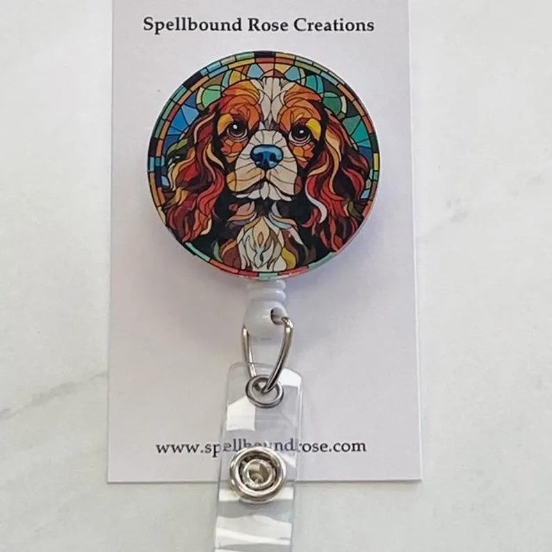 Cavalier King Charles Spaniel Faux Stained Glass Badge Reel – Elegant Dog Lover ID Holder