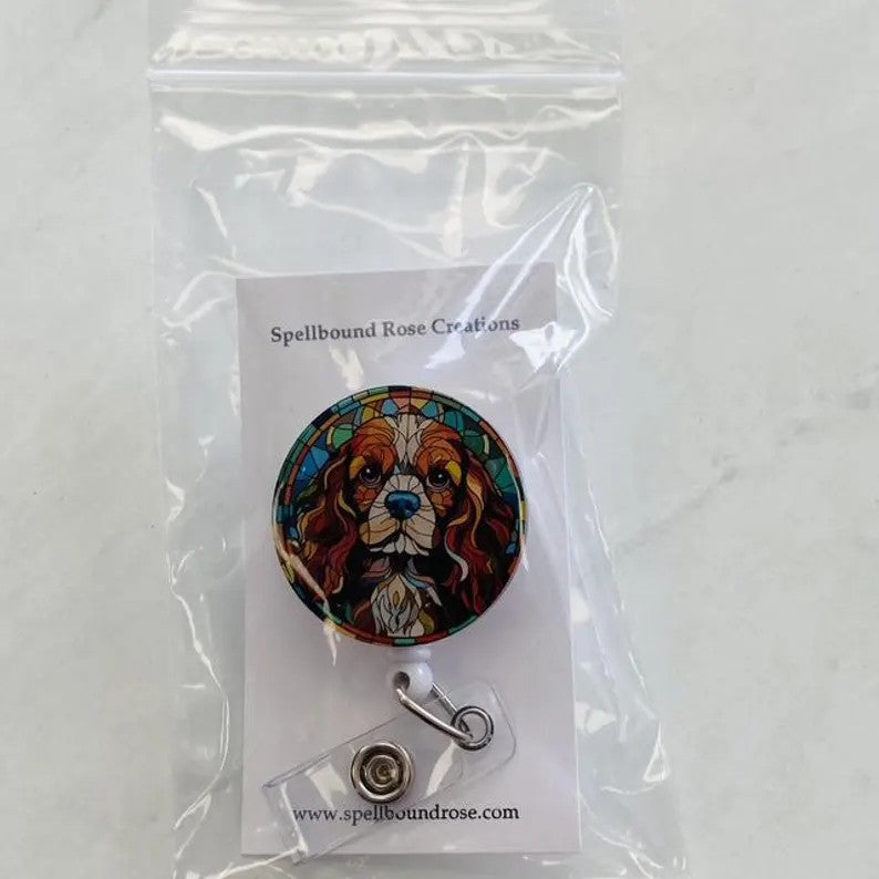Cavalier King Charles Spaniel Faux Stained Glass Badge Reel – Elegant Dog Lover ID Holder