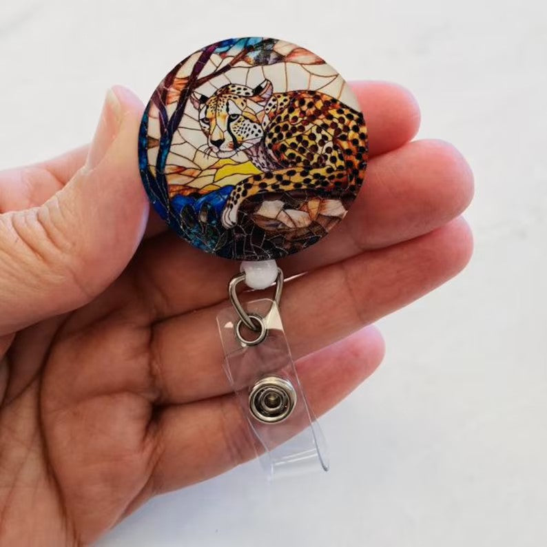 Cheetah Faux Stained Glass Badge Reel – Wildlife Safari ID Holder