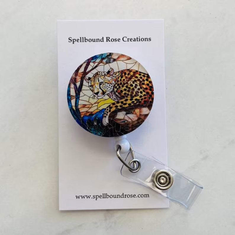 Cheetah Faux Stained Glass Badge Reel – Wildlife Safari ID Holder