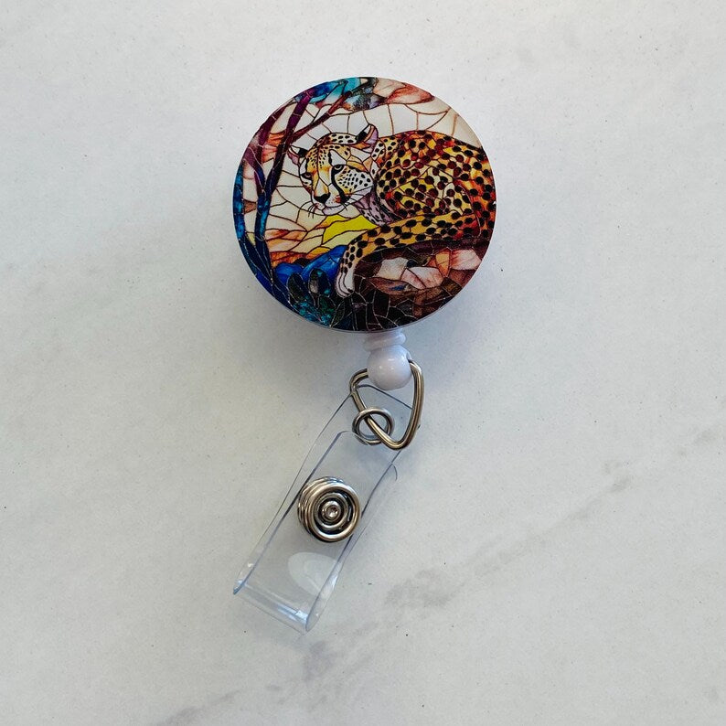 Cheetah Faux Stained Glass Badge Reel – Wildlife Safari ID Holder