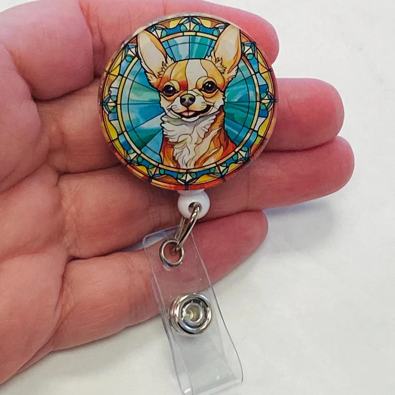 Chihuahua Faux Stained Glass Badge Reel – Cute Dog ID Holder