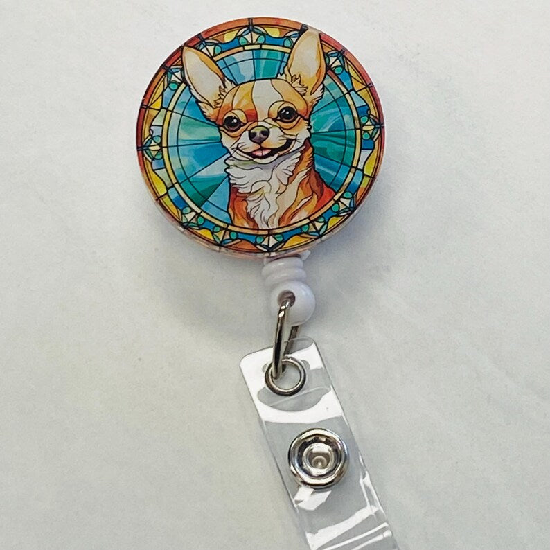 Chihuahua Faux Stained Glass Badge Reel – Cute Dog ID Holder